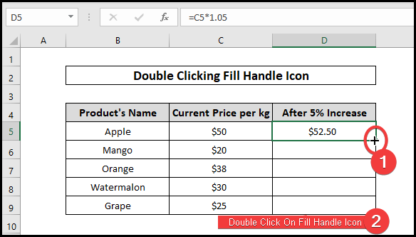 Double Clicking Fill Handle Icon to copy a formula in excel with changing cell references 