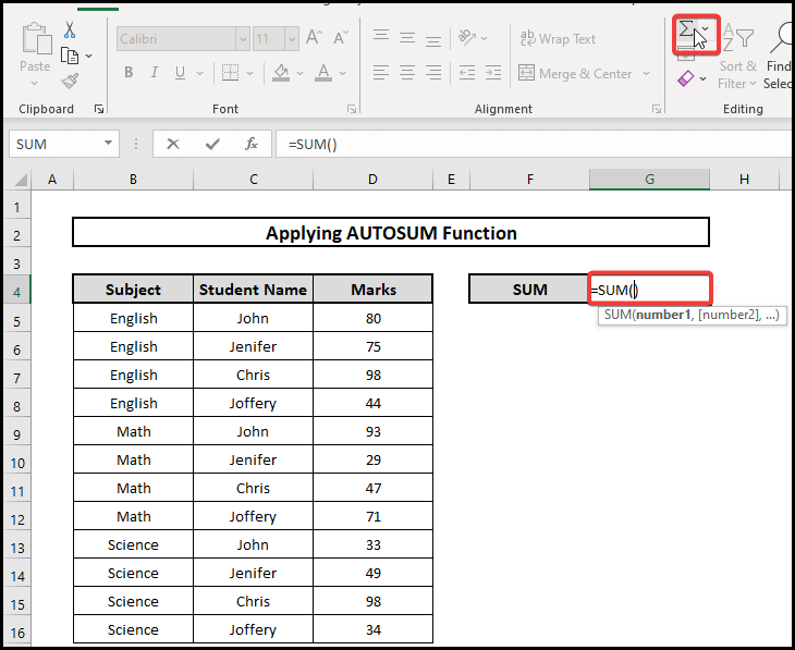 Using AutoSUM To Sum Random Cells in Excel