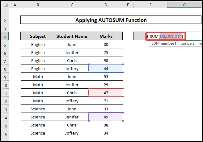 To Sum Random Cells in Excel use AUTOSUM