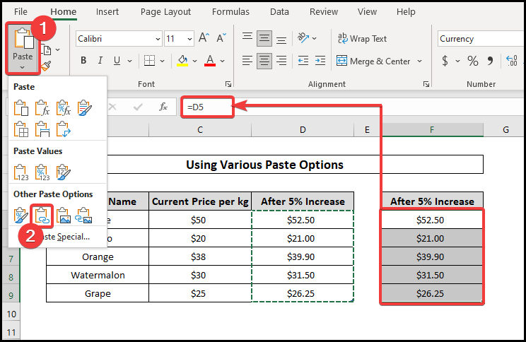 Using Various Paste Options to copy a formula in excel with changing cell references 