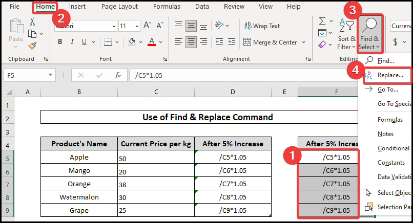 Find and replace command to copy with changing cell references