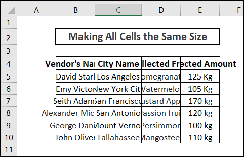 dataset cells Same size Excel