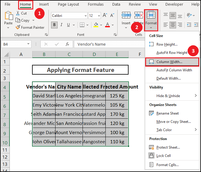 Utilizing Format Feature from Ribbon make same cell size excel