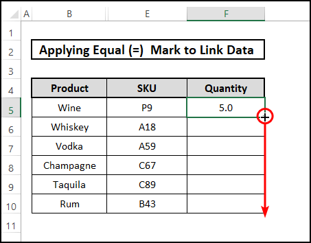 use of fill handle icon for applying equal sign to link data
