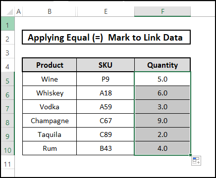 the result of applying equal sign for linking data in excel 