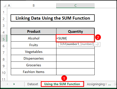 using SUM Function for linking data in excel