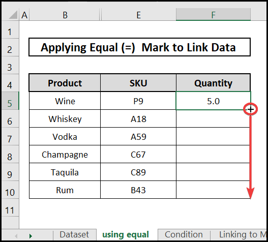 using fill handle icon to apply equal sign for linking data in excel from one sheet to another
