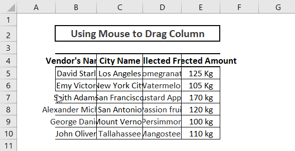 mouse drag column same cell size excel