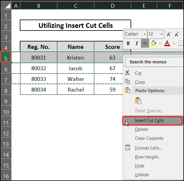Inset cut cells - move rows without replacing