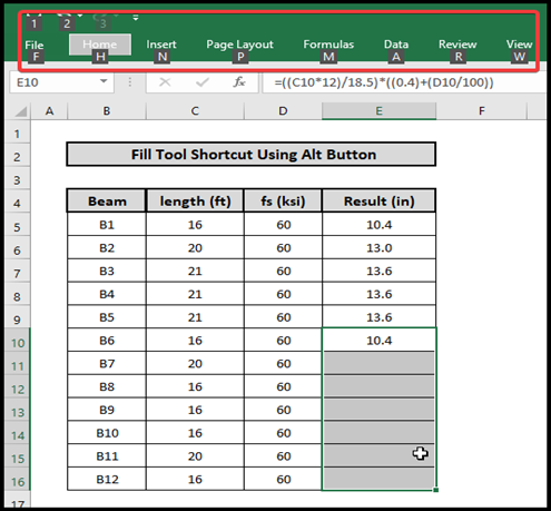 alt button use in excel to copy formula down shortcut