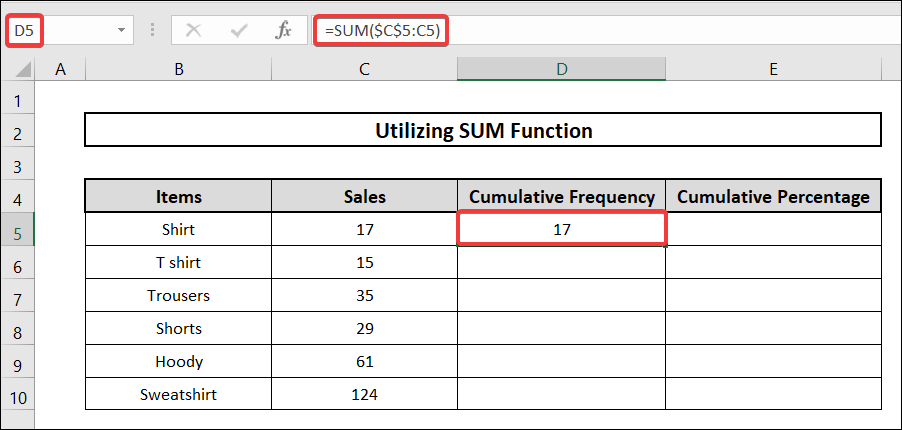 using sum function to calculate cumulative percentage in excel