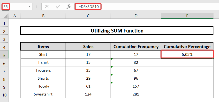 inserting sum function to calculate cumulative percentage in excel