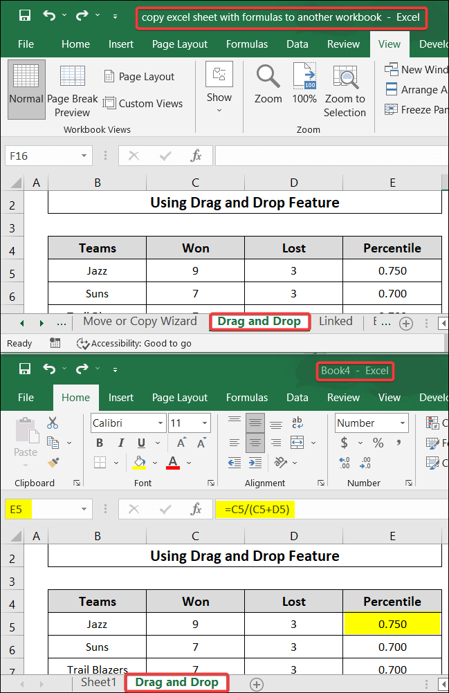 using Drag and Drop feature to copy Excel sheet with formulas to another workbook
