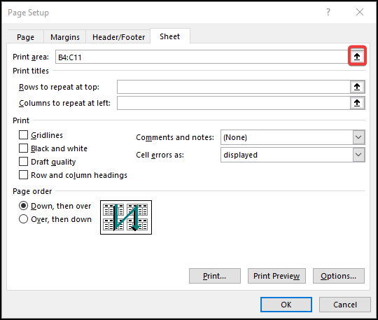 Page setup box-to print selected cells in excel