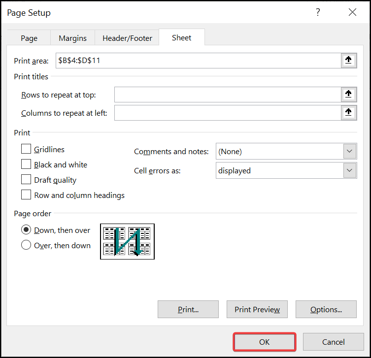 Page setup-to print selected cells in excel