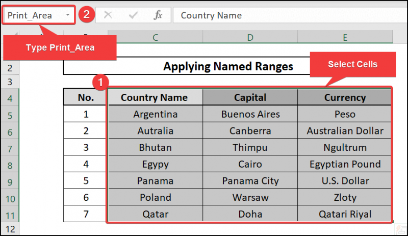 Named Ranges-to print selected cells in excel