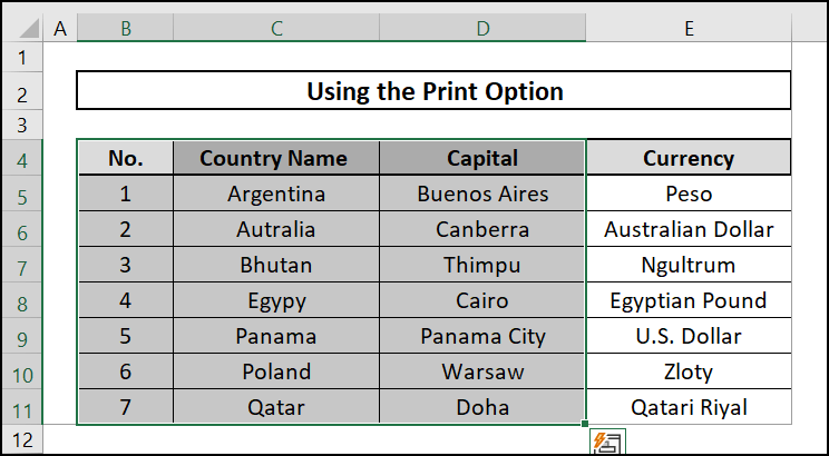 Print option-print selected cells in excel
