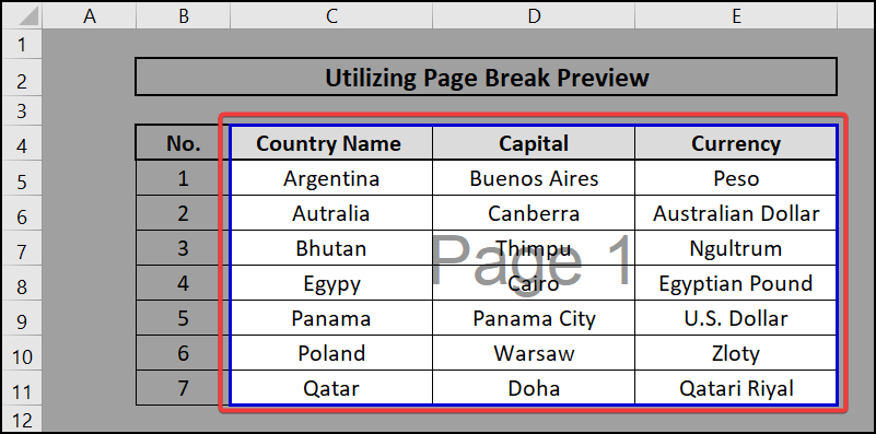 Page break preview-print selected cells in excel