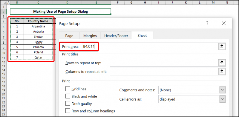Page setup dialog box-to print selected cells in excel