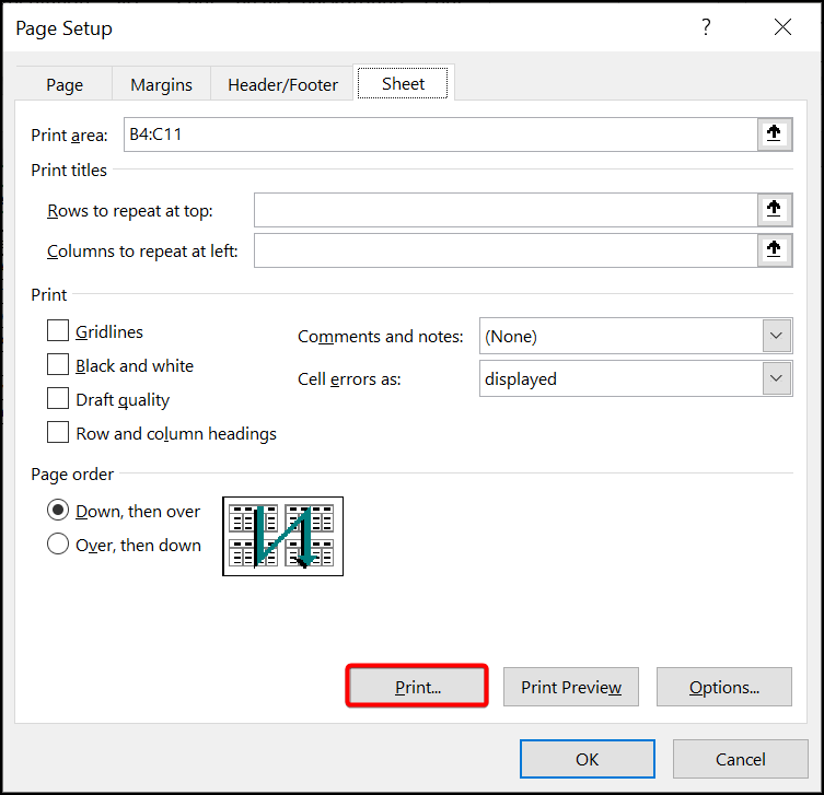 Page setup-to print selected cells in excel 