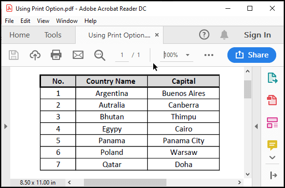 Output using print option-to print selected cells in excel